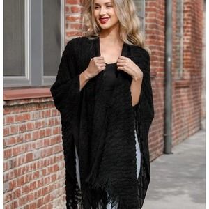 Black Soft Diagonal Knit Fringe Trim Ruana Wrap Shawl